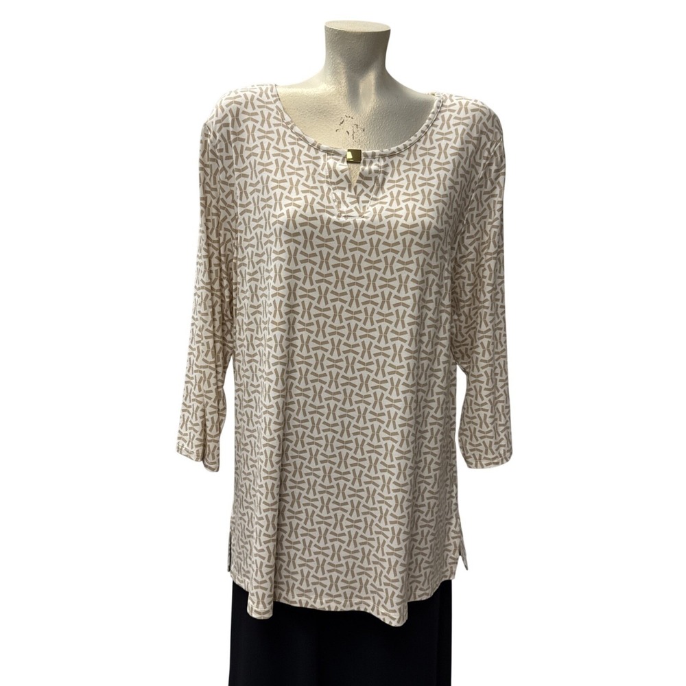 Liz Claiborne XL Tan White‎ Geometric Print 3/4 Sleeve Top Split Neck Hardware